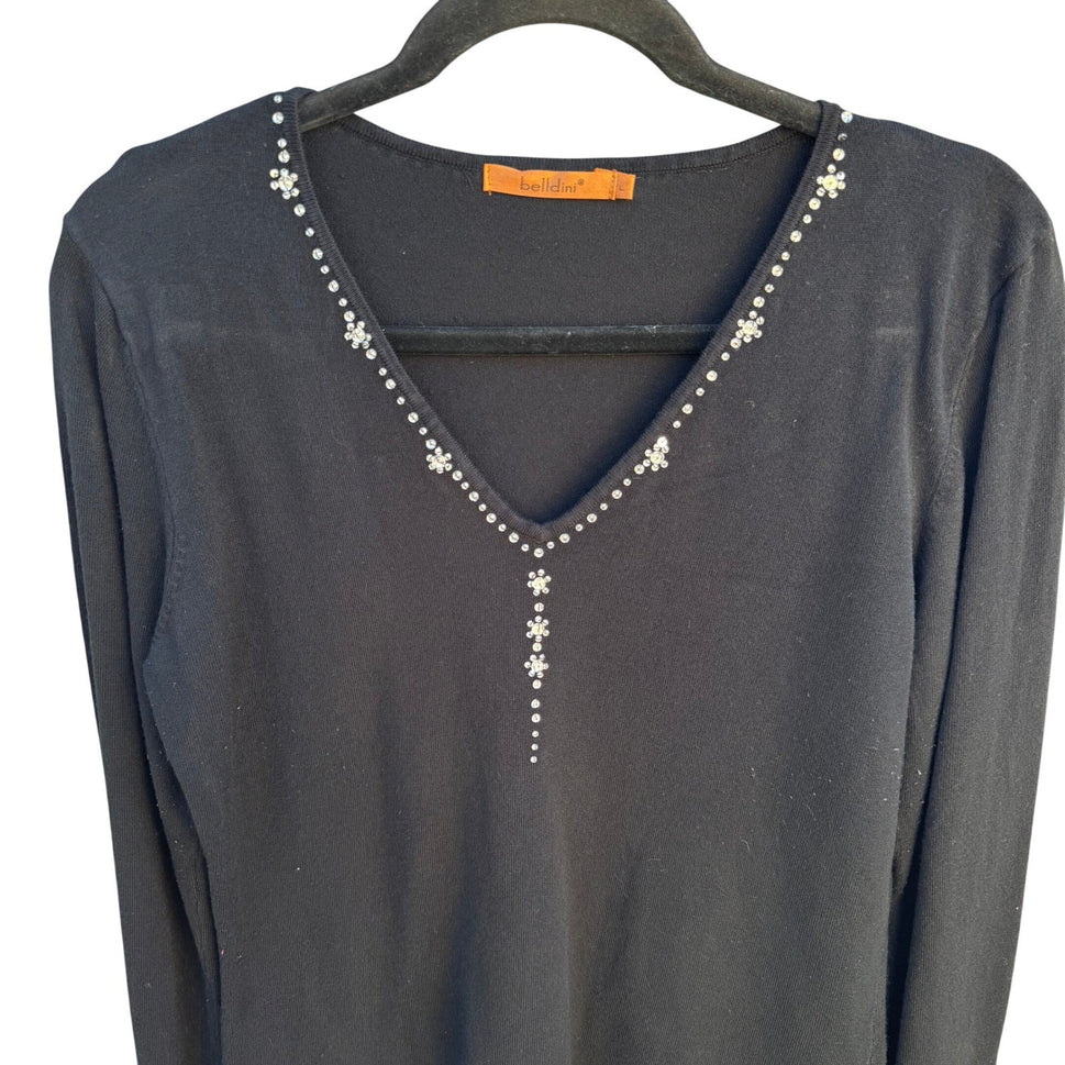 Belldini Black V-Neck Rhinestone Embellished Long Sleeve Knit Sweater Womens L
