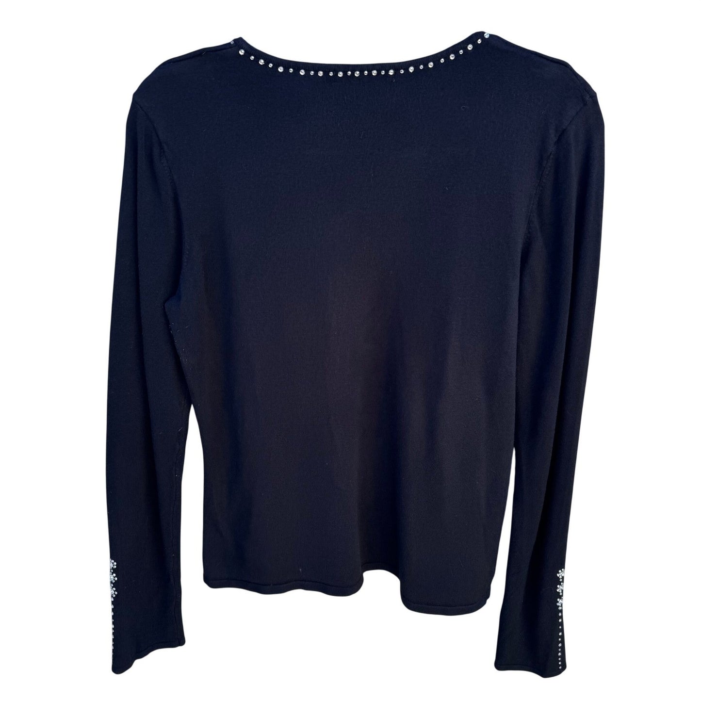 Belldini Black V-Neck Rhinestone Embellished Long Sleeve Knit Sweater Womens L