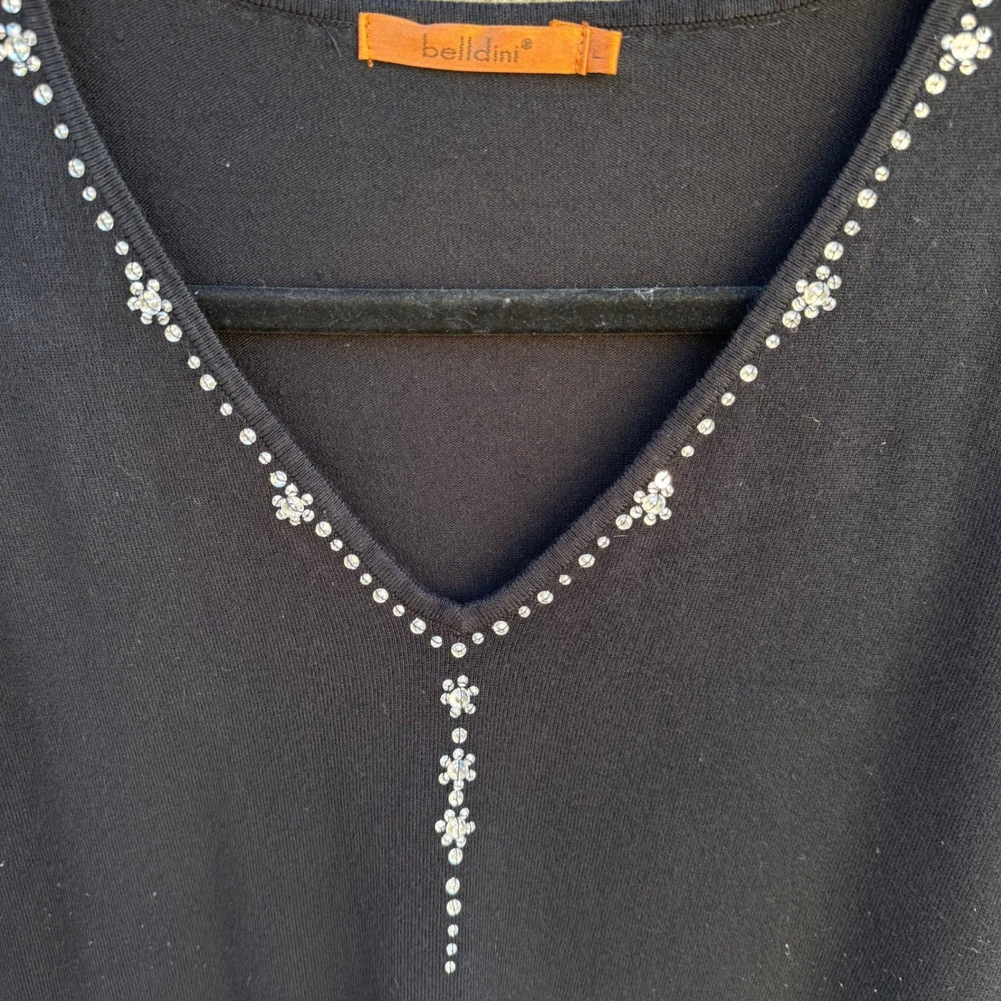 Belldini Black V-Neck Rhinestone Embellished Long Sleeve Knit Sweater Womens L