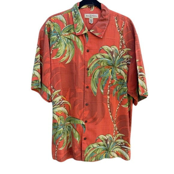 Tommy Bahama Mens Red Hawaiian Silk Shirt L Palm Tree Print