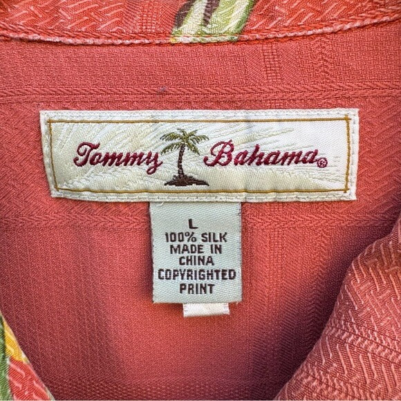 Tommy Bahama Mens Red Hawaiian Silk Shirt L Palm Tree Print