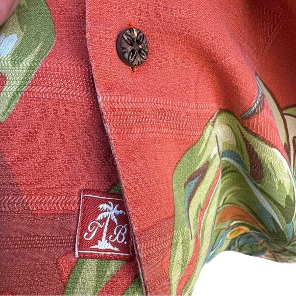 Tommy Bahama Mens Red Hawaiian Silk Shirt L Palm Tree Print