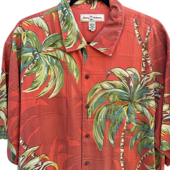 Tommy Bahama Mens Red Hawaiian Silk Shirt L Palm Tree Print