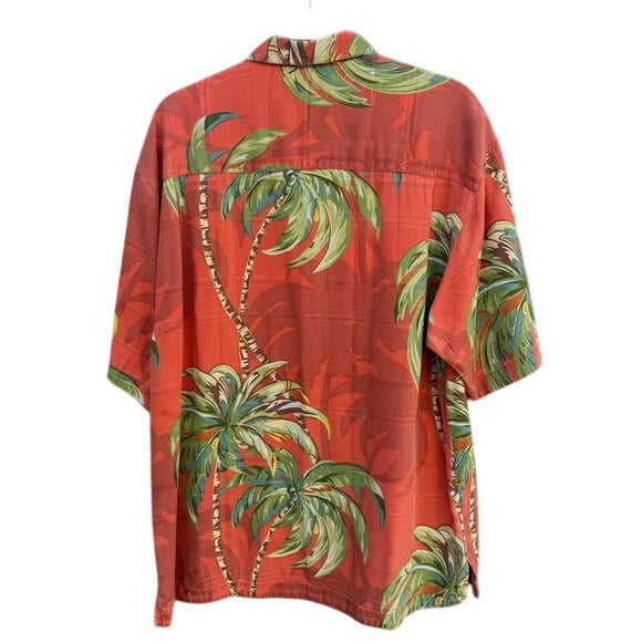 Tommy Bahama Mens Red Hawaiian Silk Shirt L Palm Tree Print