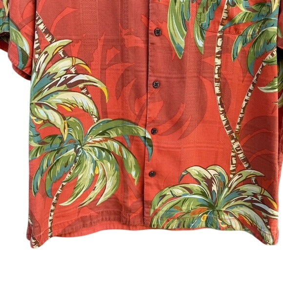 Tommy Bahama Mens Red Hawaiian Silk Shirt L Palm Tree Print