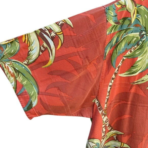 Tommy Bahama Mens Red Hawaiian Silk Shirt L Palm Tree Print