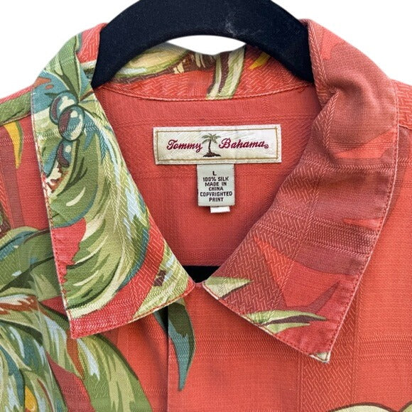 Tommy Bahama Mens Red Hawaiian Silk Shirt L Palm Tree Print