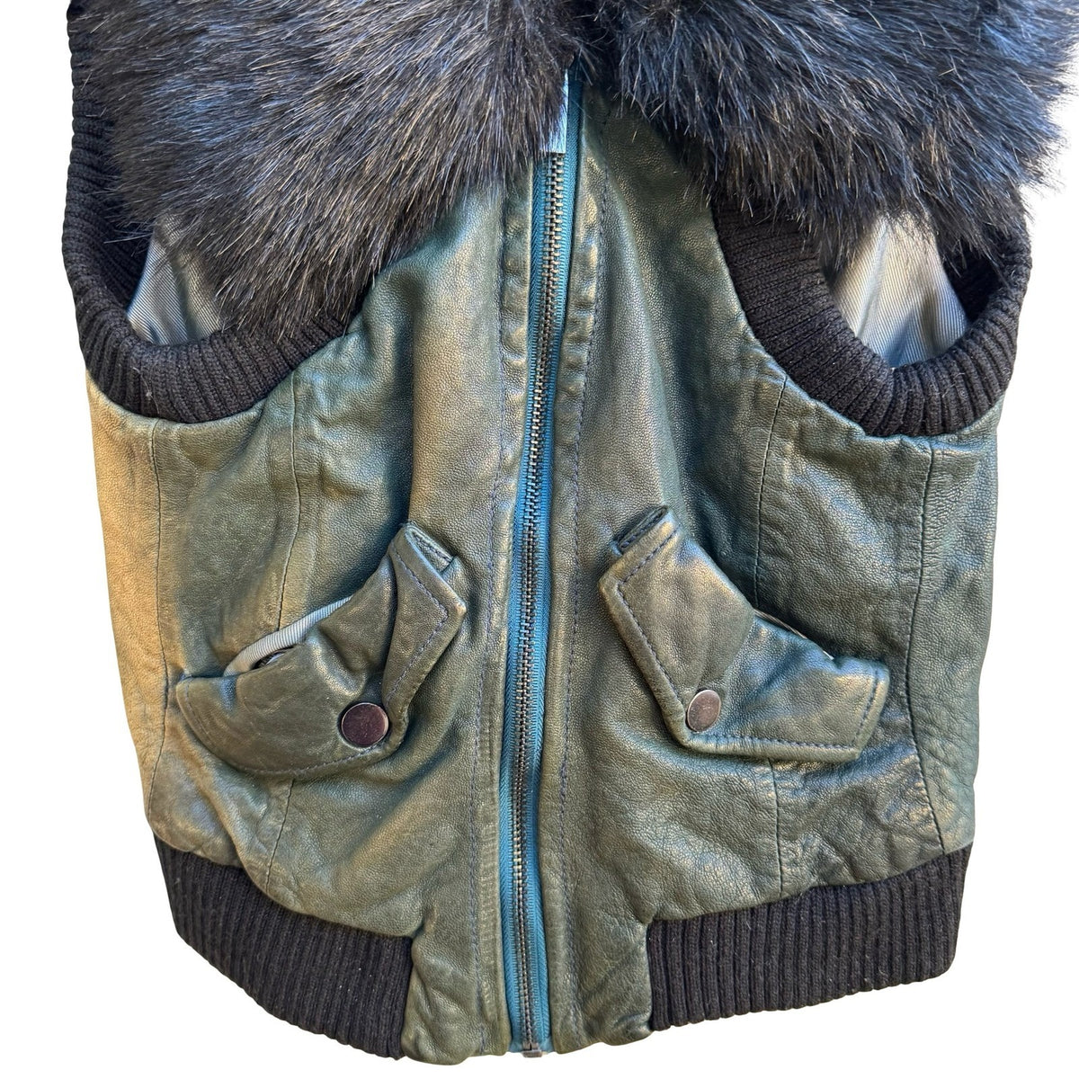 Bebe Y2K Faux Fur Collar Leather Moto Biker Edgy Glam Cropped Vest Teal Green S