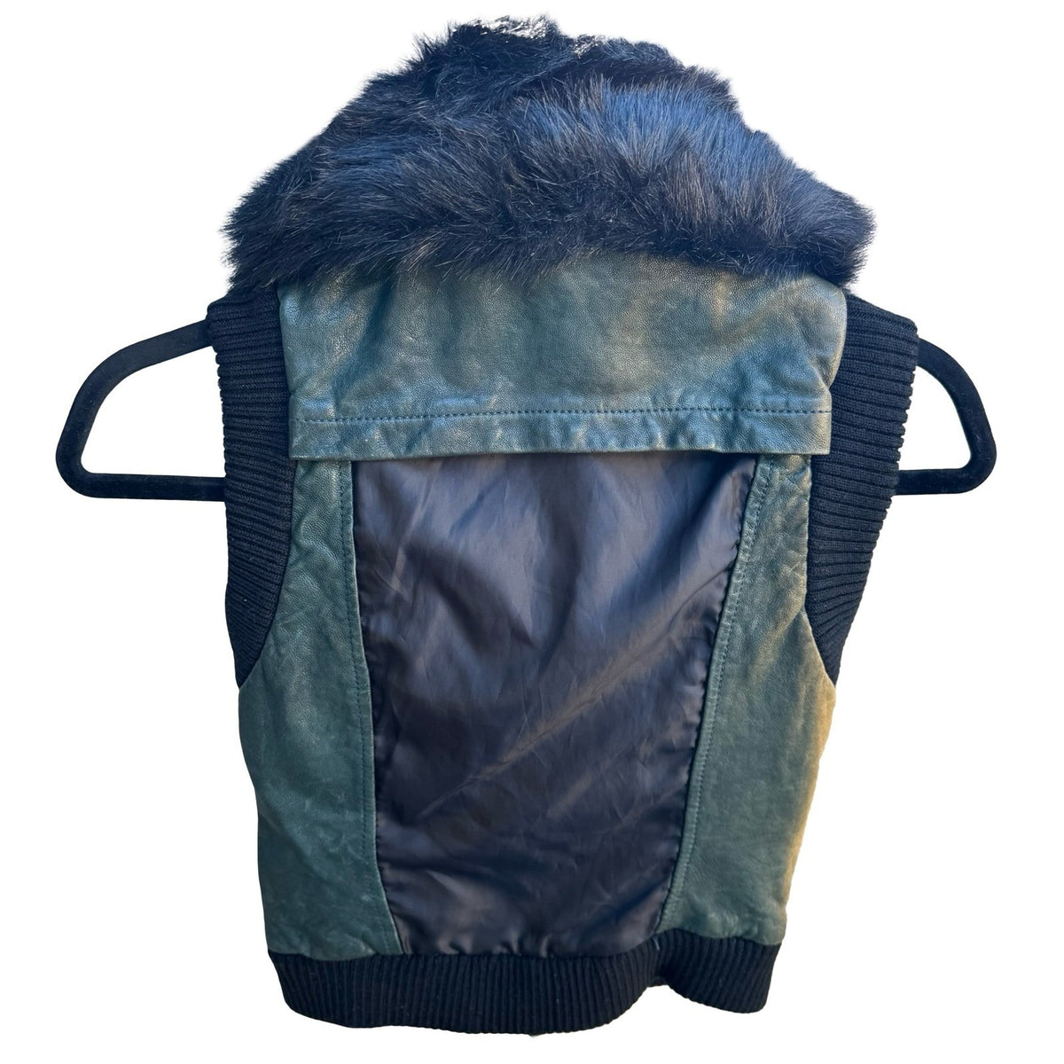 Bebe Y2K Faux Fur Collar Leather Moto Biker Edgy Glam Cropped Vest Teal Green S