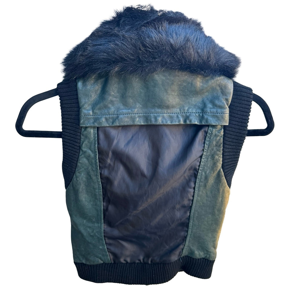 Bebe Y2K Faux Fur Collar Leather Moto Biker Edgy Glam Cropped Vest Teal Green S