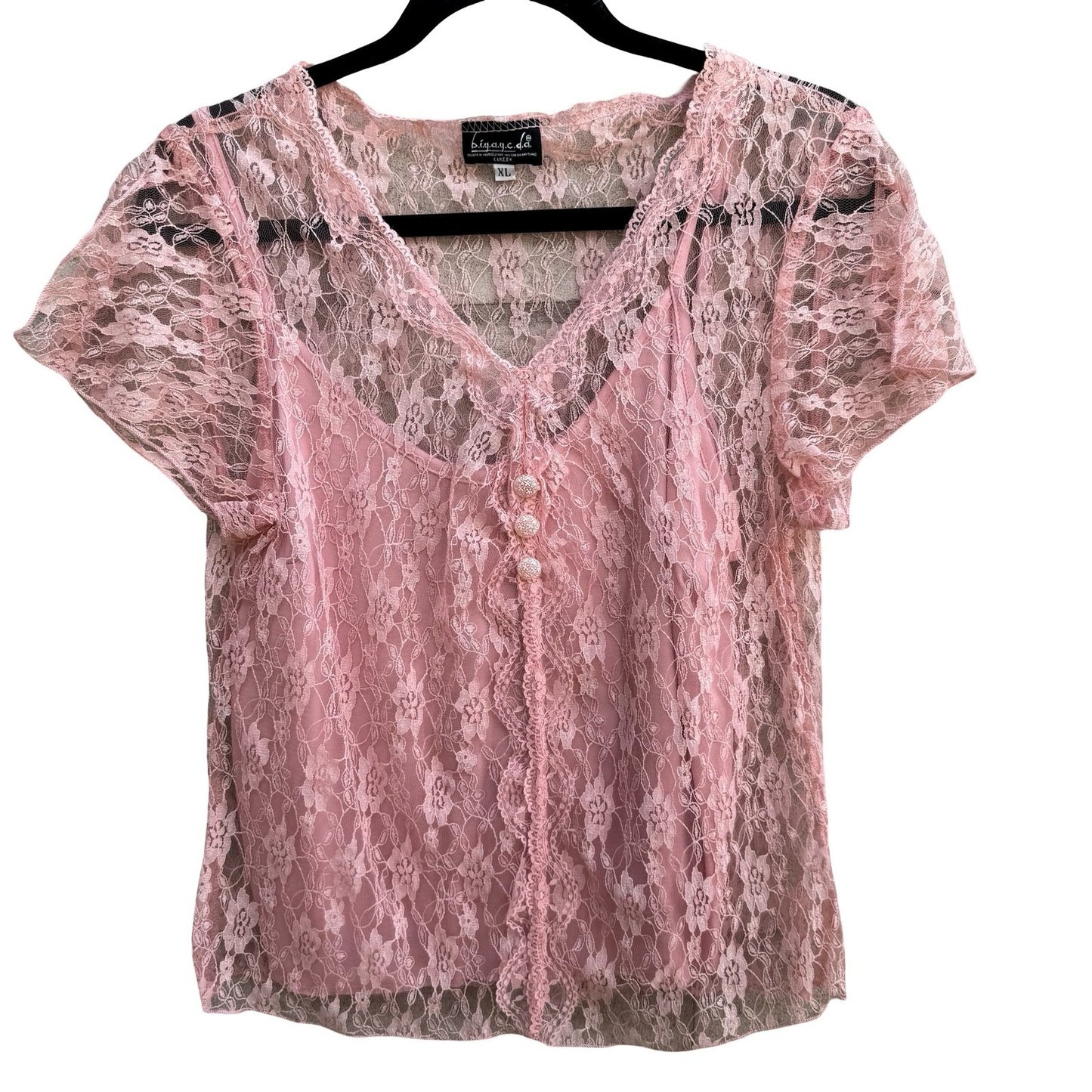 BIYAYCDA Y2K Coquette Balletcore Romantic Pink Floral Feminine Lace Blouse XL