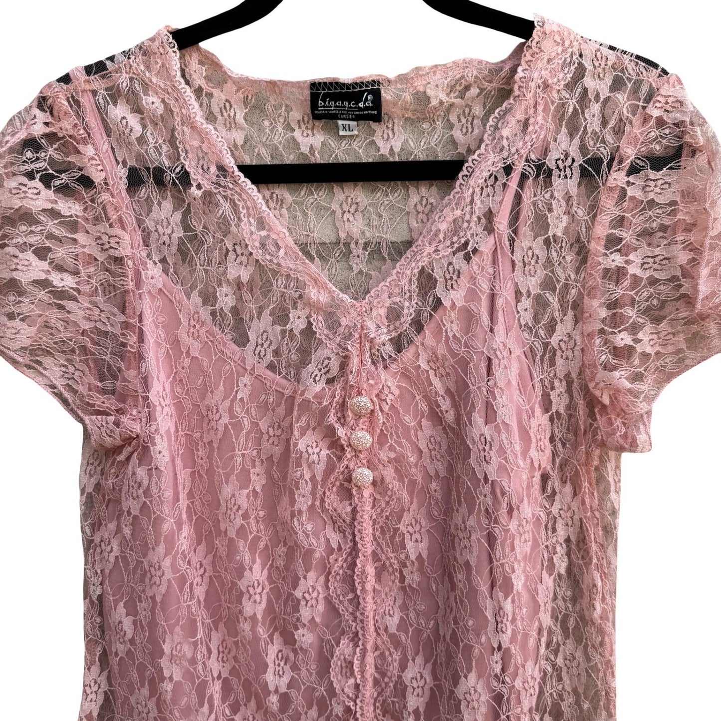 BIYAYCDA Y2K Coquette Balletcore Romantic Pink Floral Feminine Lace Blouse XL