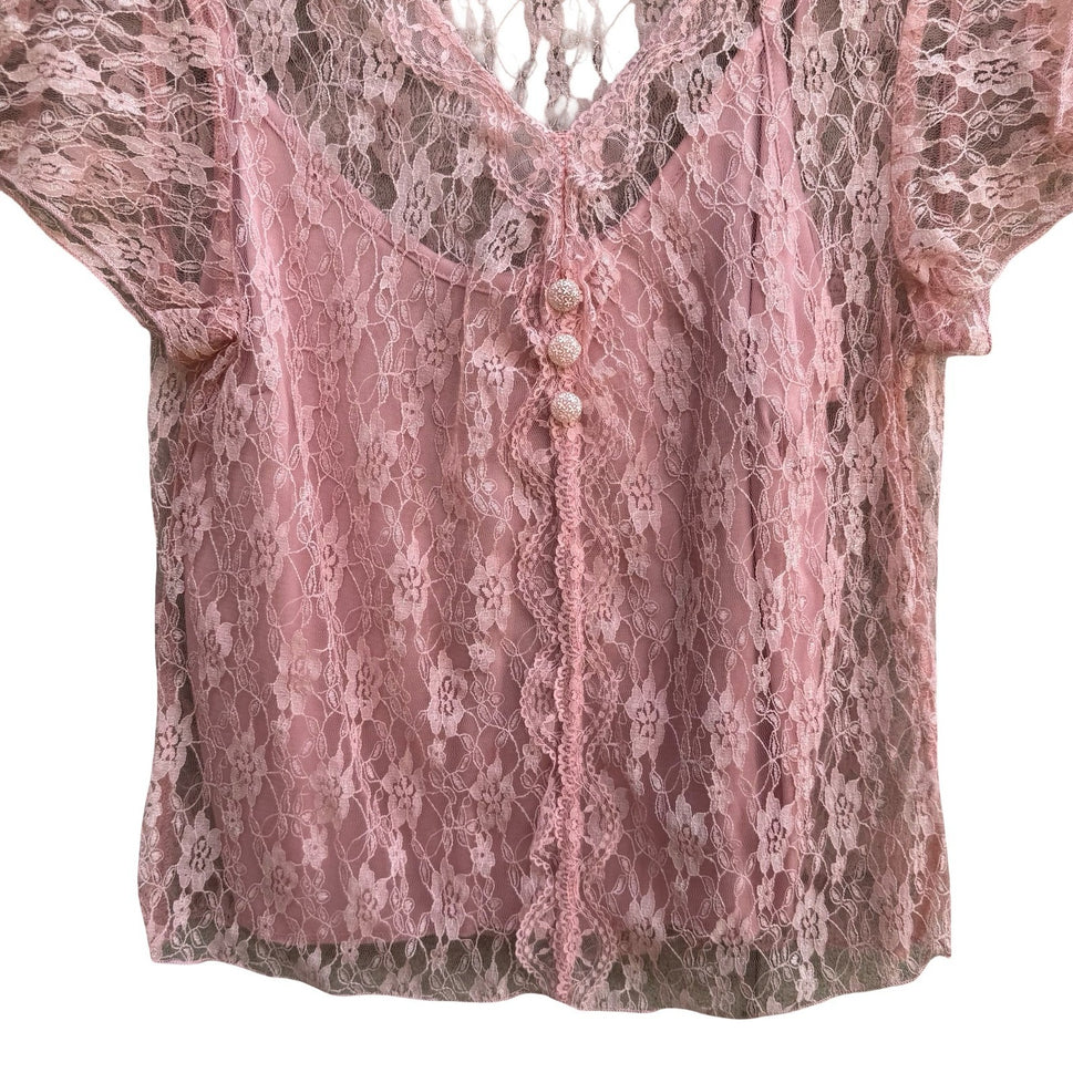 BIYAYCDA Y2K Coquette Balletcore Romantic Pink Floral Feminine Lace Blouse XL