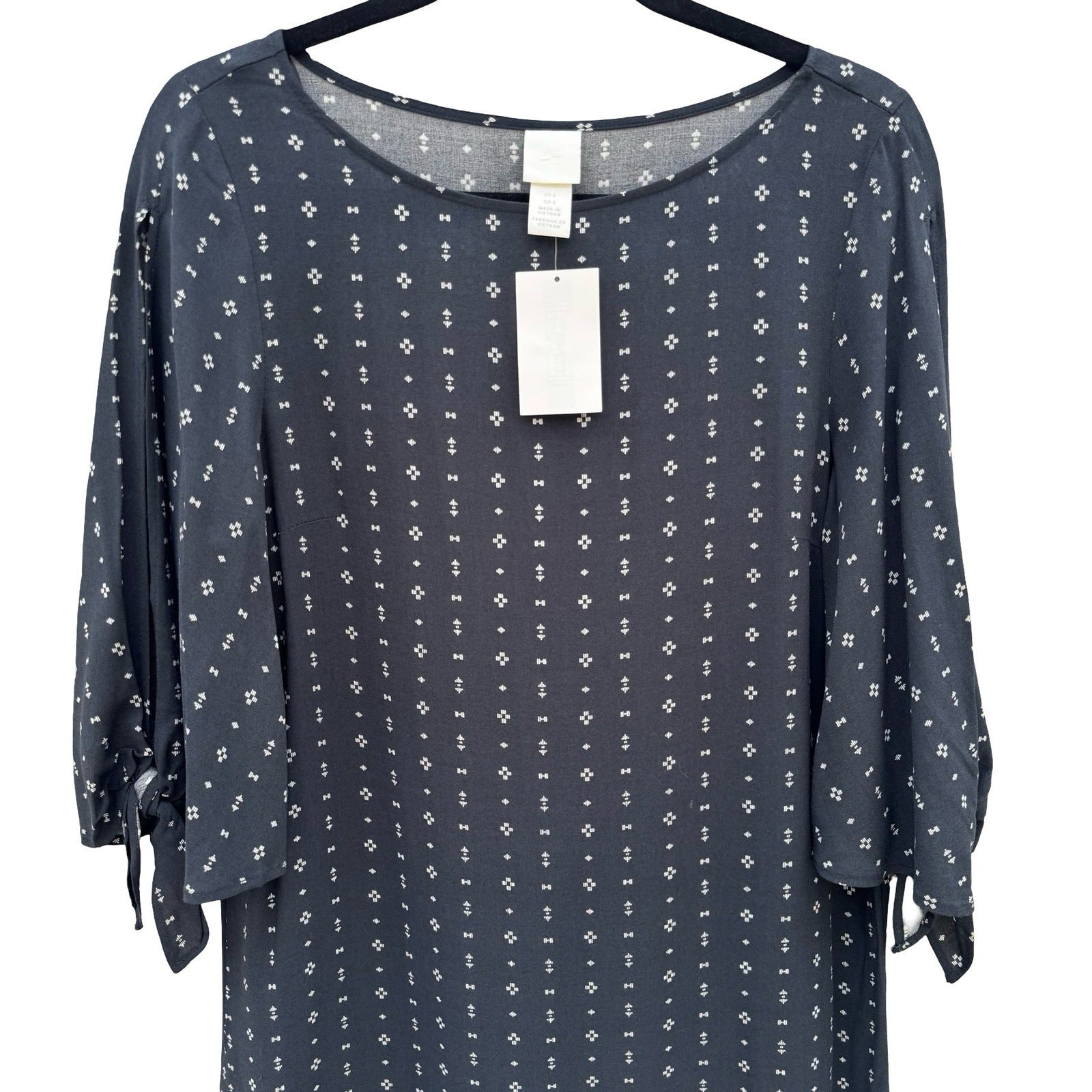 HM Navy Blue Geometric Diamond Split Sleeve Tie Cuff Shift Dress US 4 NEW
