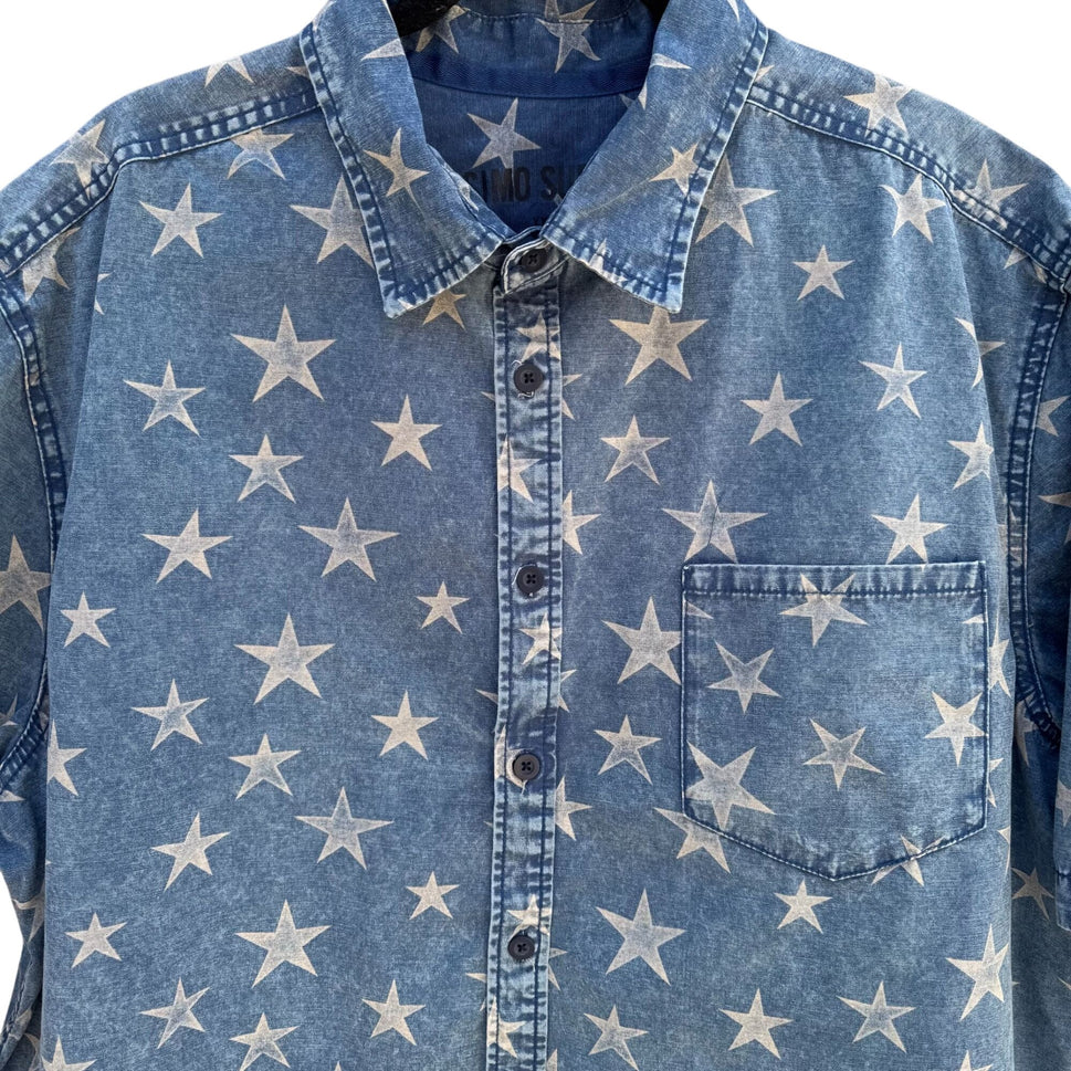 Mossimo Supply Mens Star Print Denim Button-Up Short Sleeve Casual Wear Shirt XXL