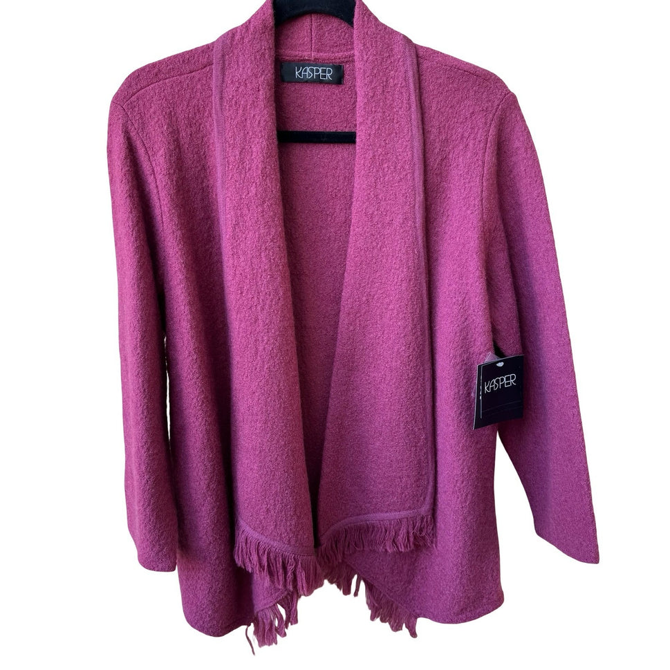 Kasper Wool Fringe Draped Open Front Minimalist Cardigan Woodrose Pink L NEW