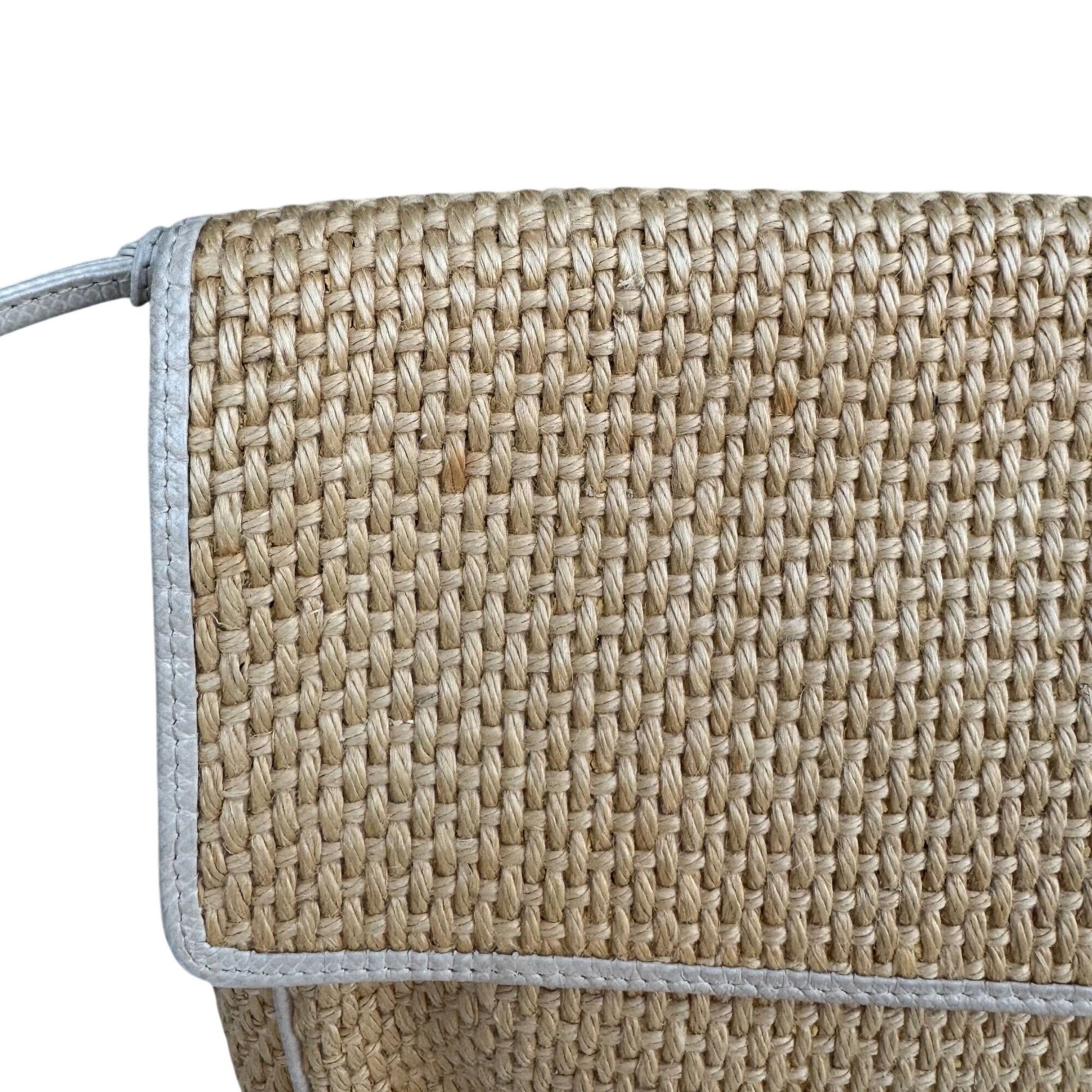 Bottega Veneta Vintage Woven Raffia Flap Clutch Bag Leather Trim Made In Italy