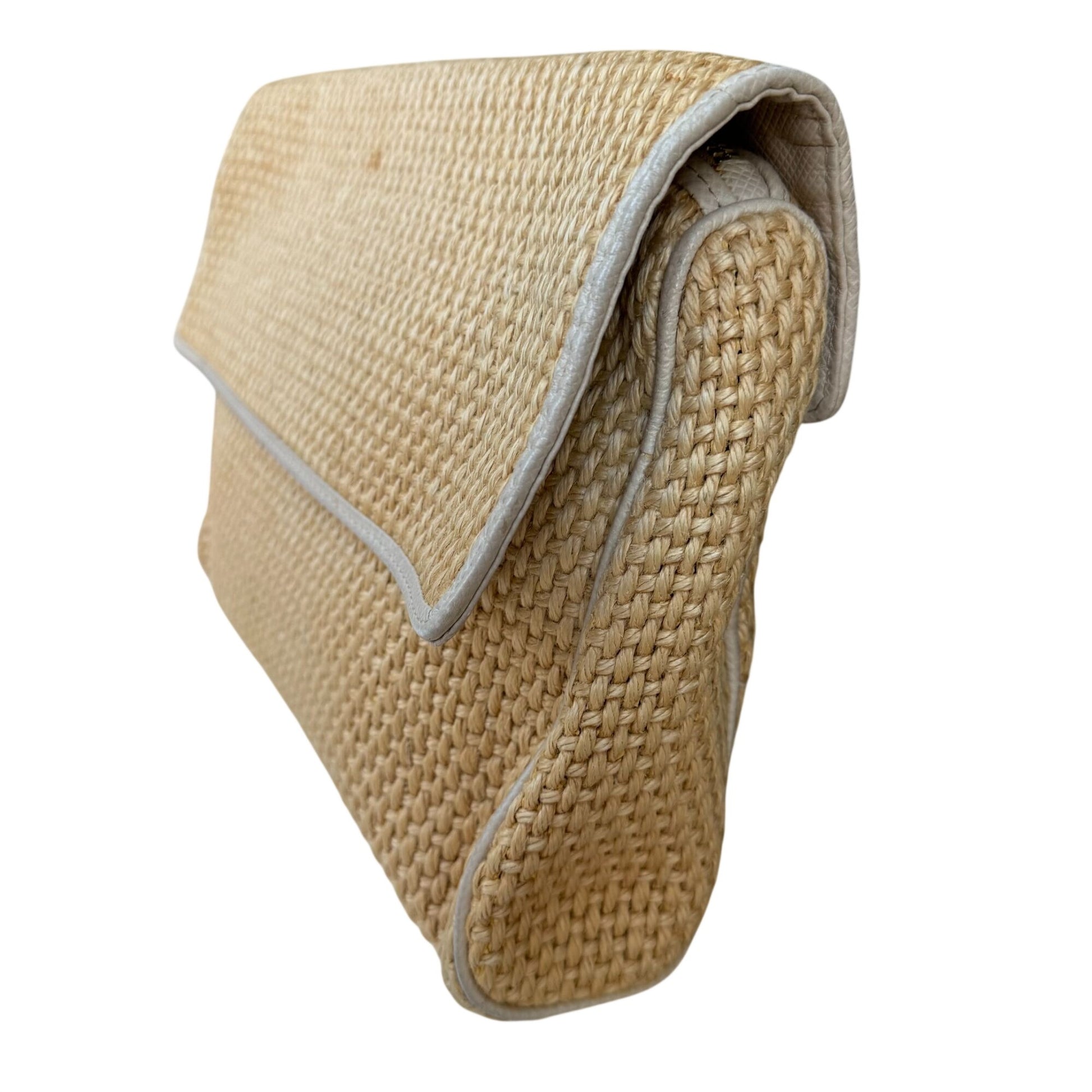 Bottega Veneta Vintage Woven Raffia Flap Clutch Bag Leather Trim Made In Italy