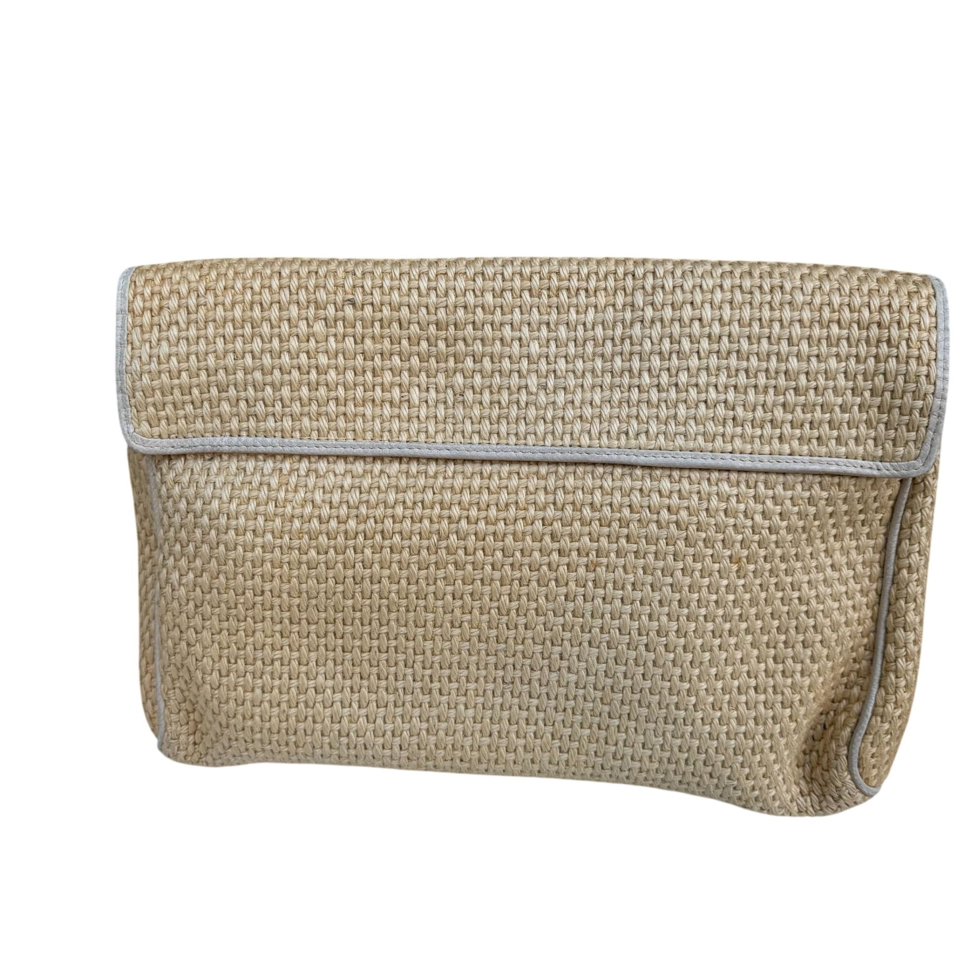 Bottega Veneta Vintage Woven Raffia Flap Clutch Bag Leather Trim Made In Italy