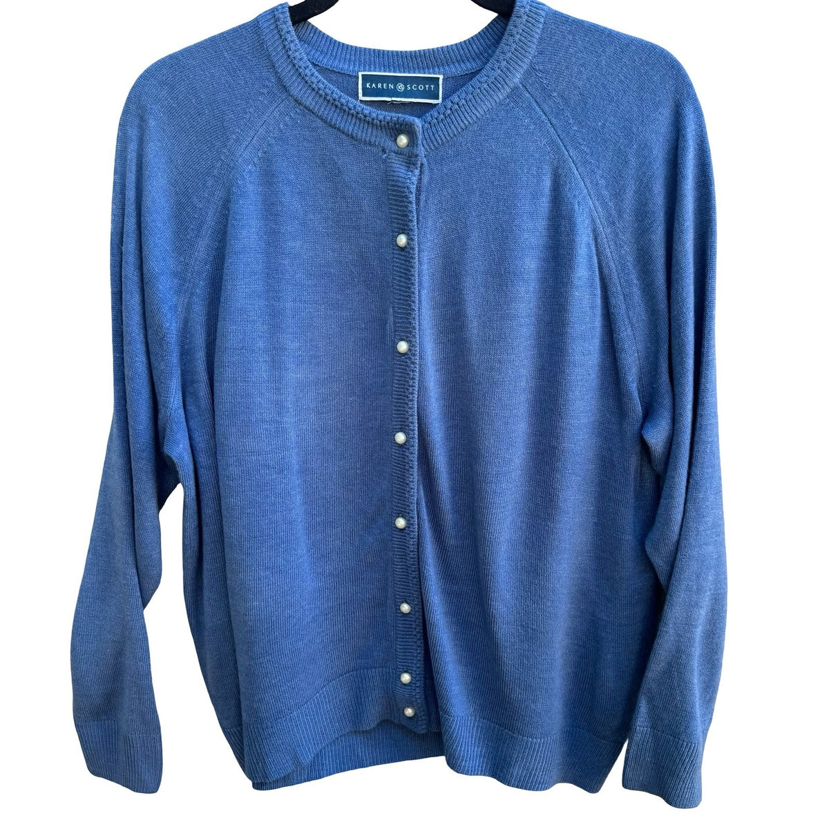 Karen Scott Coastal Grandma Preppy Faux Pearl Button Cardigan Sweater Blue L