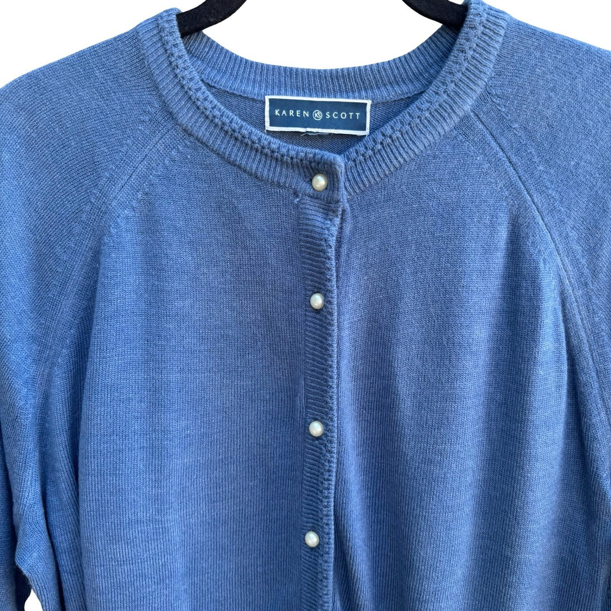 Karen Scott Coastal Grandma Preppy Faux Pearl Button Cardigan Sweater Blue L