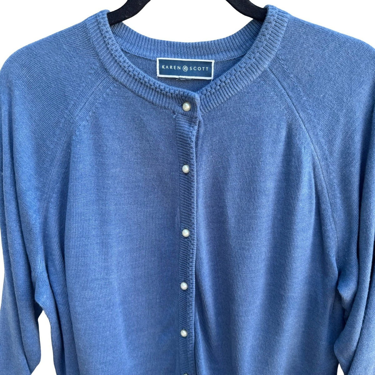 Karen Scott Coastal Grandma Preppy Faux Pearl Button Cardigan Sweater Blue L