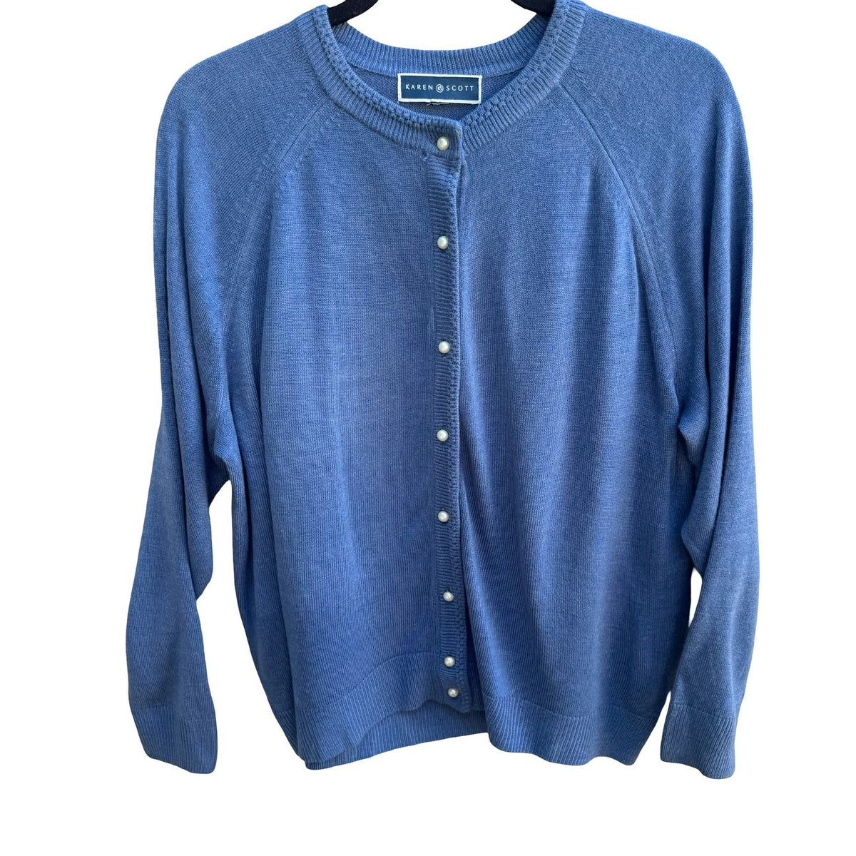 Karen Scott Coastal Grandma Preppy Faux Pearl Button Cardigan Sweater Blue L