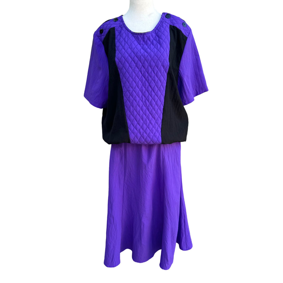 Lori Of California Vintage 80s Women's Purple Black Quilted Top & Full Skirt Set