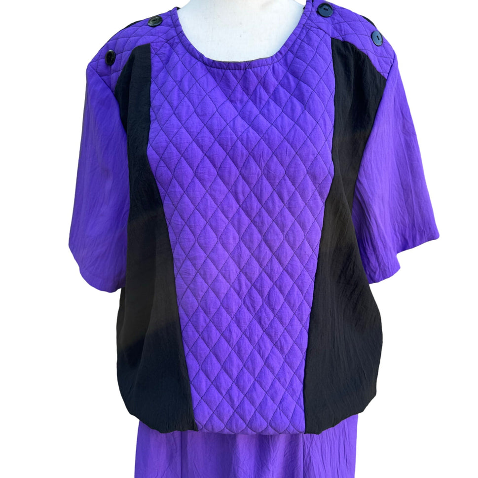 Lori Of California Vintage 80s Women's Purple Black Quilted Top & Full Skirt Set