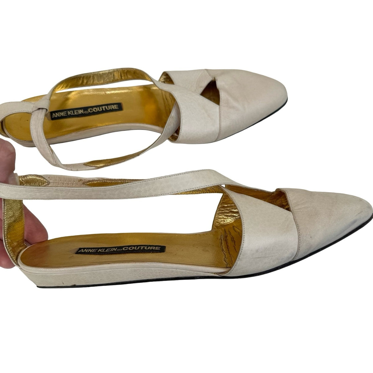 Anne Klein Couture Vintage Italian Leather Slingback Wedge Heels Cream Womens 10