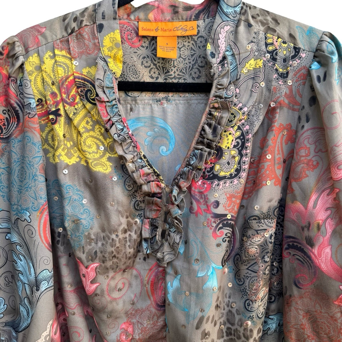 Selena & Maria Y2K Gypsy Sequin Paisley Leopard Ruffle Blouson Festival Top S