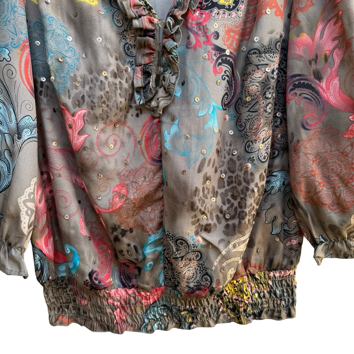 Selena & Maria Y2K Gypsy Sequin Paisley Leopard Ruffle Blouson Festival Top S