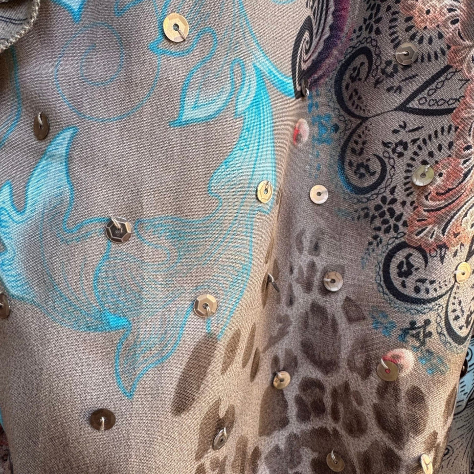 Selena & Maria Y2K Gypsy Sequin Paisley Leopard Ruffle Blouson Festival Top S