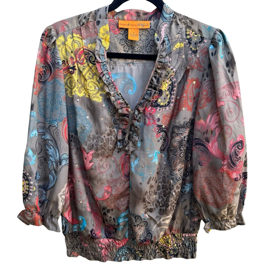 Selena & Maria Y2K Gypsy Sequin Paisley Leopard Ruffle Blouson Festival Top S