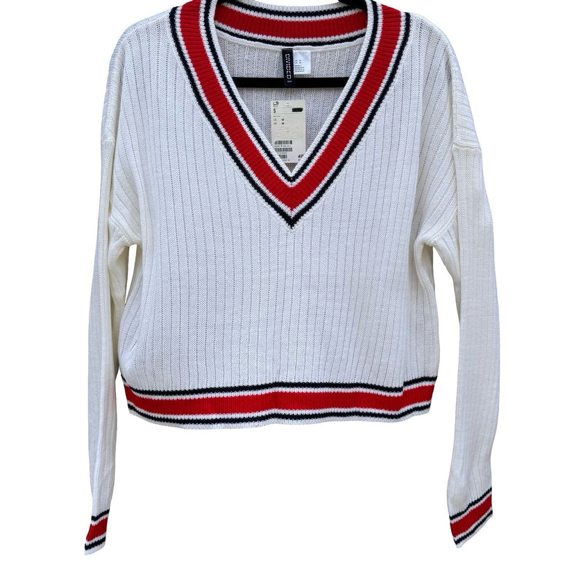 H&M Divided Womens Varsity V-Neck Crop Cricket Sweater White Stripe Rib Knit M