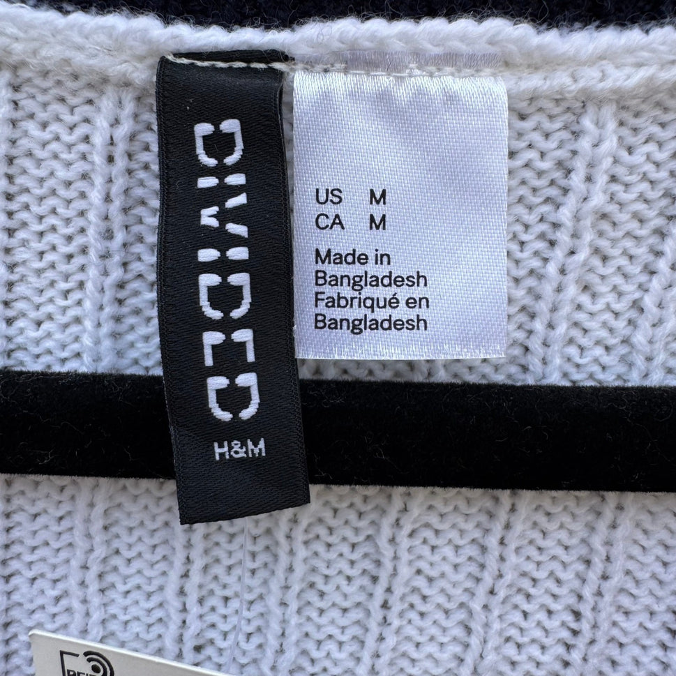 H&M Divided Womens Varsity V-Neck Crop Cricket Sweater White Stripe Rib Knit M