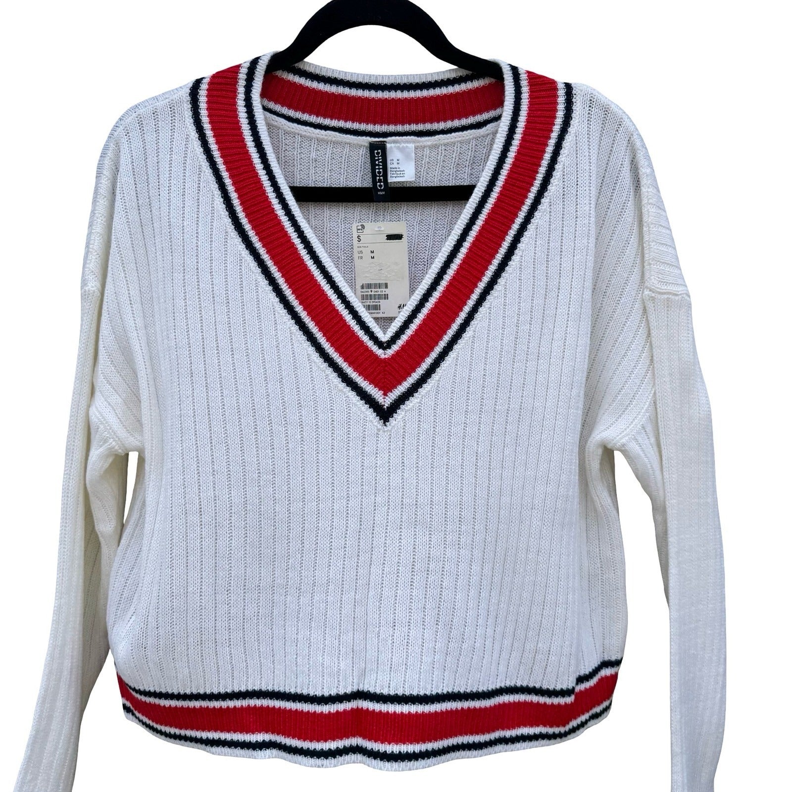 H&M Divided Womens Varsity V-Neck Crop Cricket Sweater White Stripe Rib Knit M
