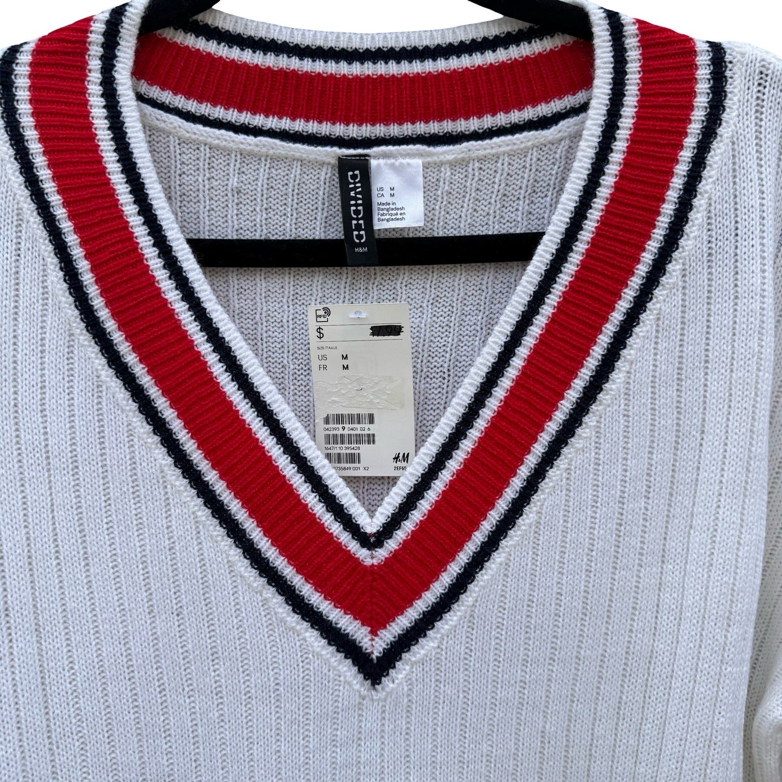 H&M Divided Womens Varsity V-Neck Crop Cricket Sweater White Stripe Rib Knit M