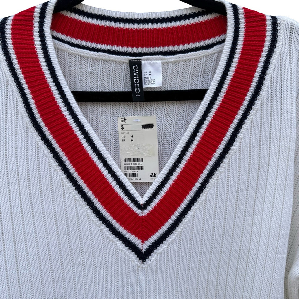 H&M Divided Womens Varsity V-Neck Crop Cricket Sweater White Stripe Rib Knit M