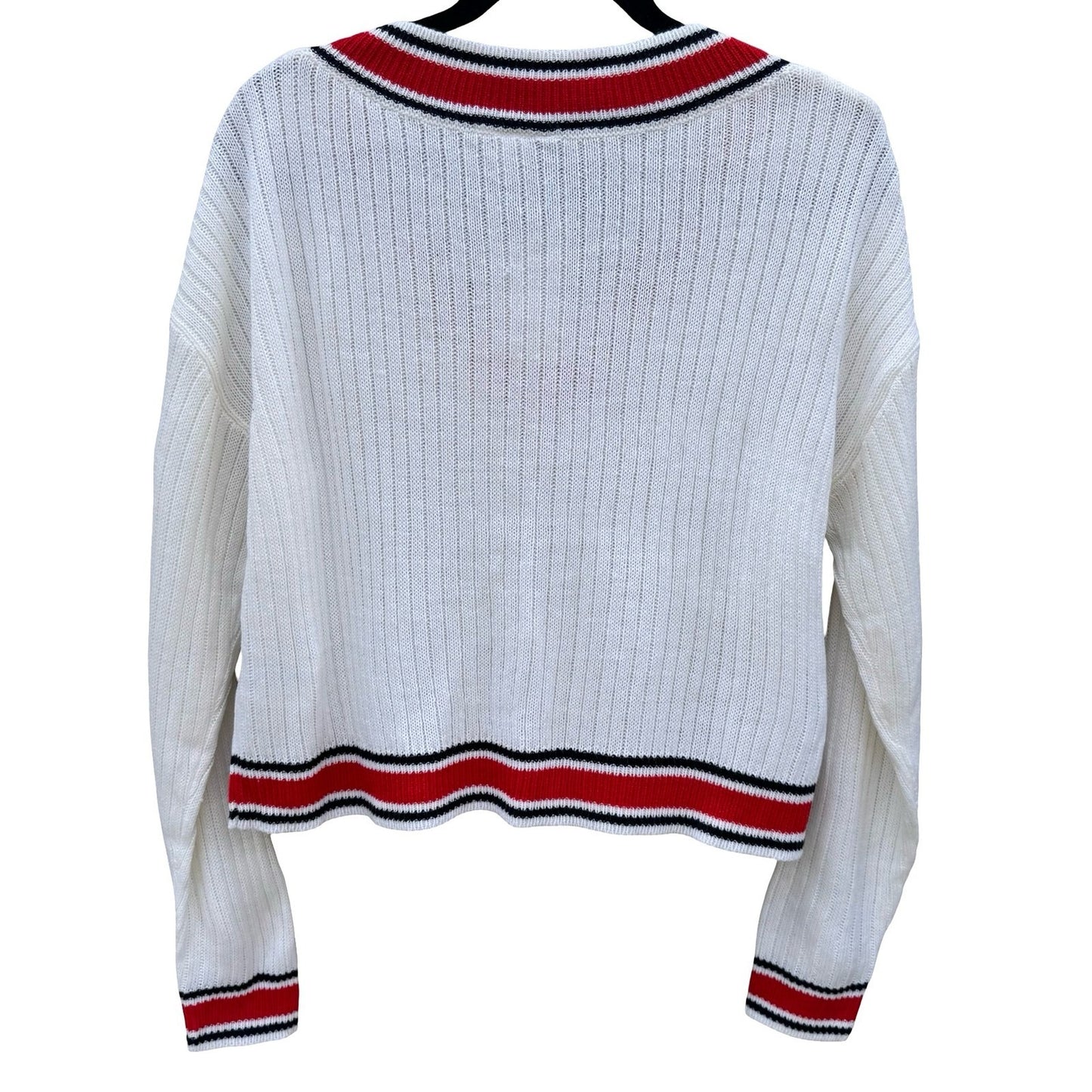 H&M Divided Womens Varsity V-Neck Crop Cricket Sweater White Stripe Rib Knit M