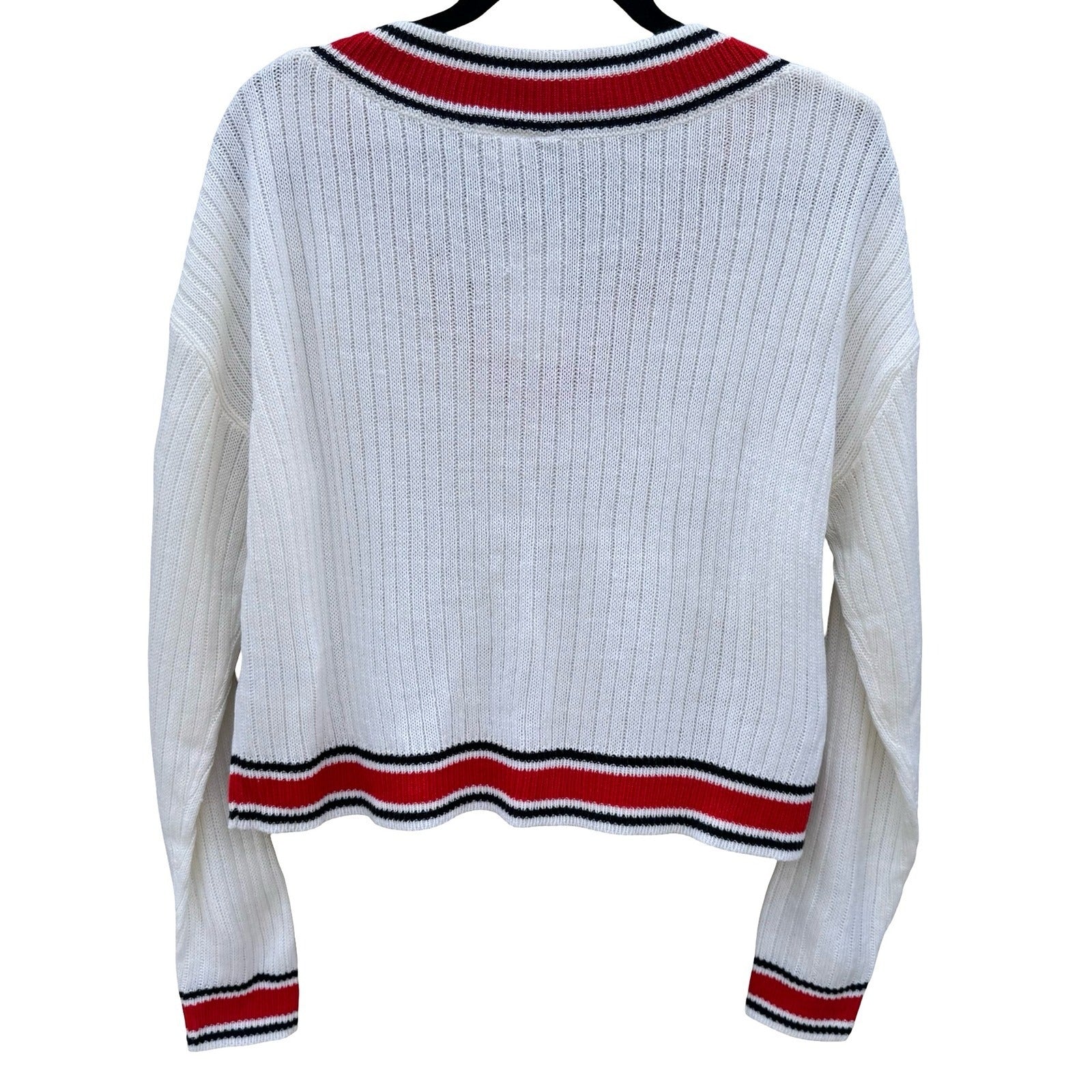 H&M Divided Womens Varsity V-Neck Crop Cricket Sweater White Stripe Rib Knit M