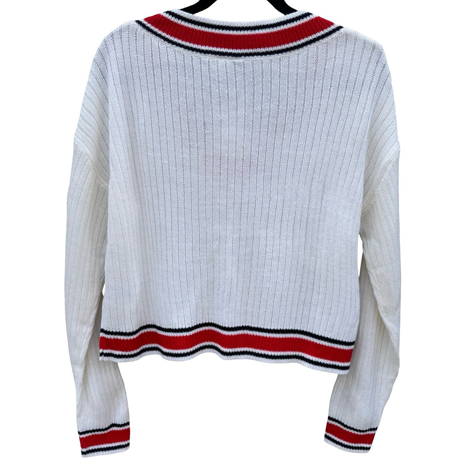 H&M Divided Womens Varsity V-Neck Crop Cricket Sweater White Stripe Rib Knit M