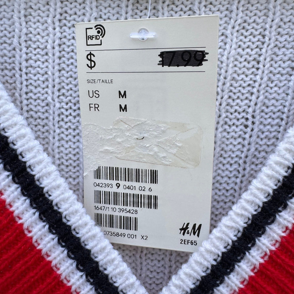 H&M Divided Womens Varsity V-Neck Crop Cricket Sweater White Stripe Rib Knit M