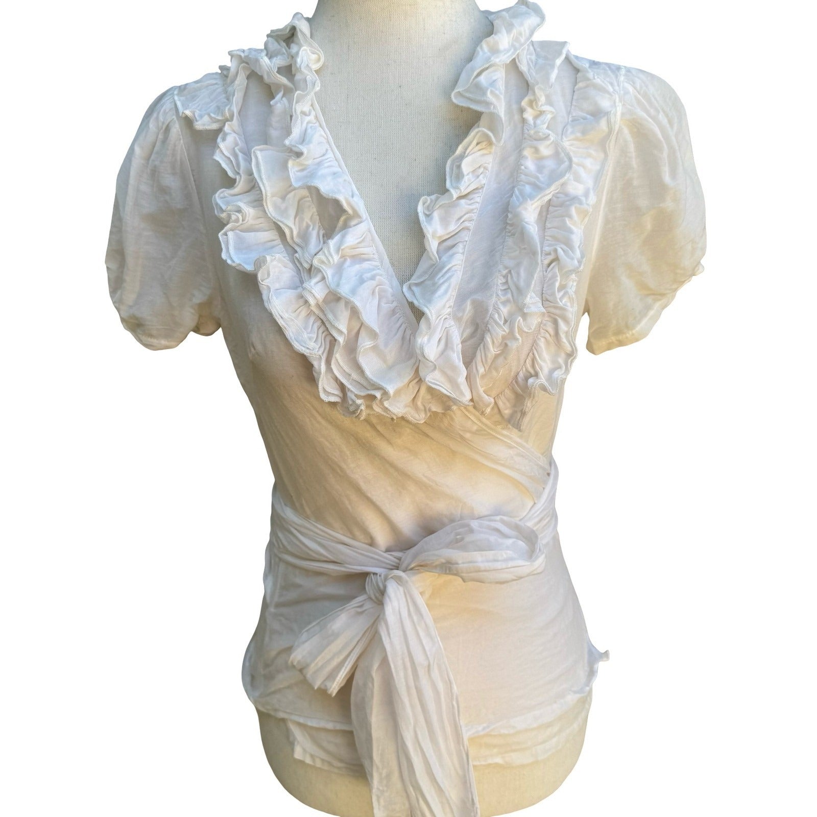Twentyone Y2K Coquette Balletcore Silk Cotton Ruffle Wrap Puff Sleeve Blouse S