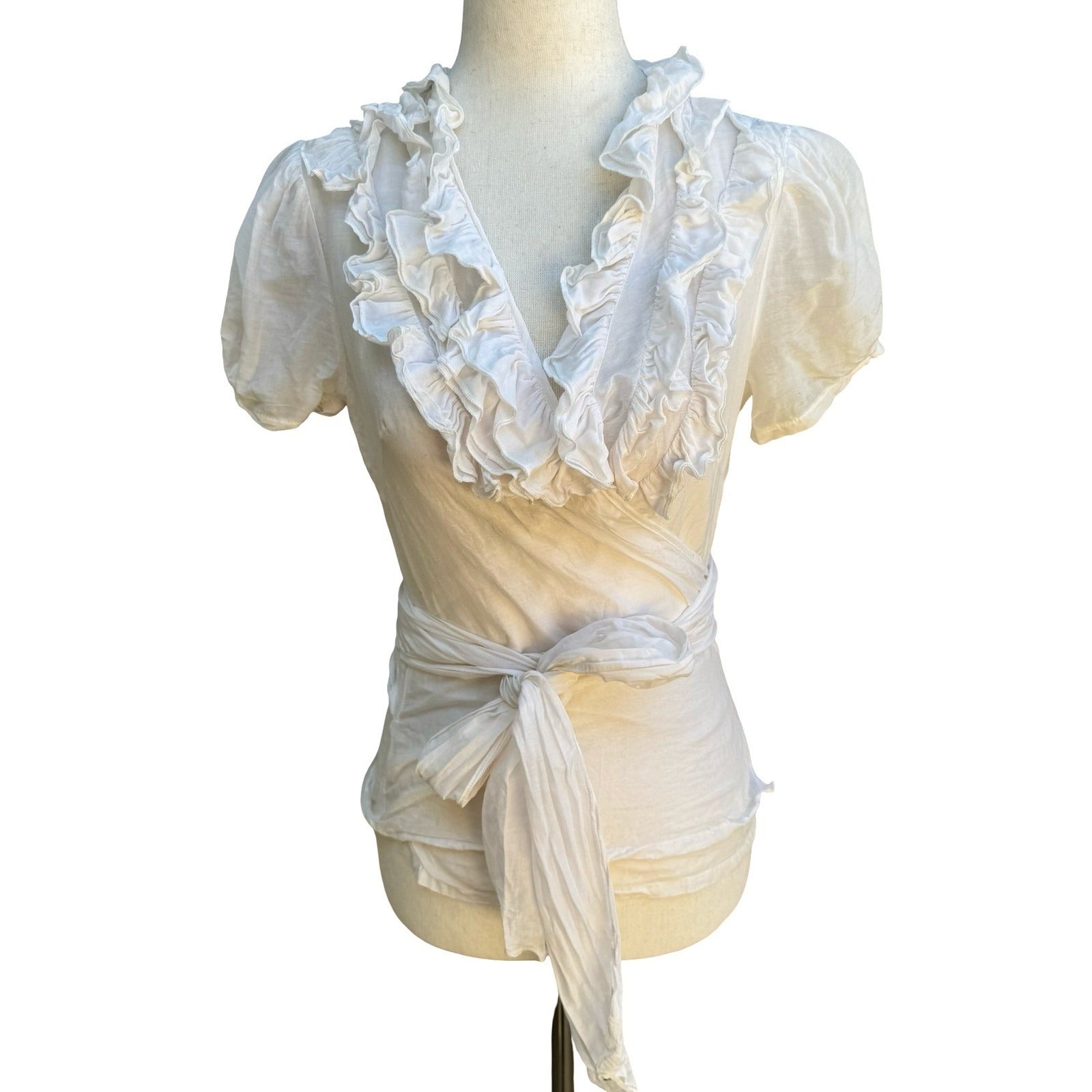 Twentyone Y2K Coquette Balletcore Silk Cotton Ruffle Wrap Puff Sleeve Blouse S