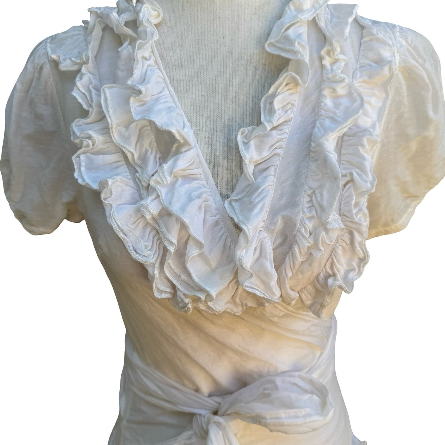 Twentyone Y2K Coquette Balletcore Silk Cotton Ruffle Wrap Puff Sleeve Blouse S