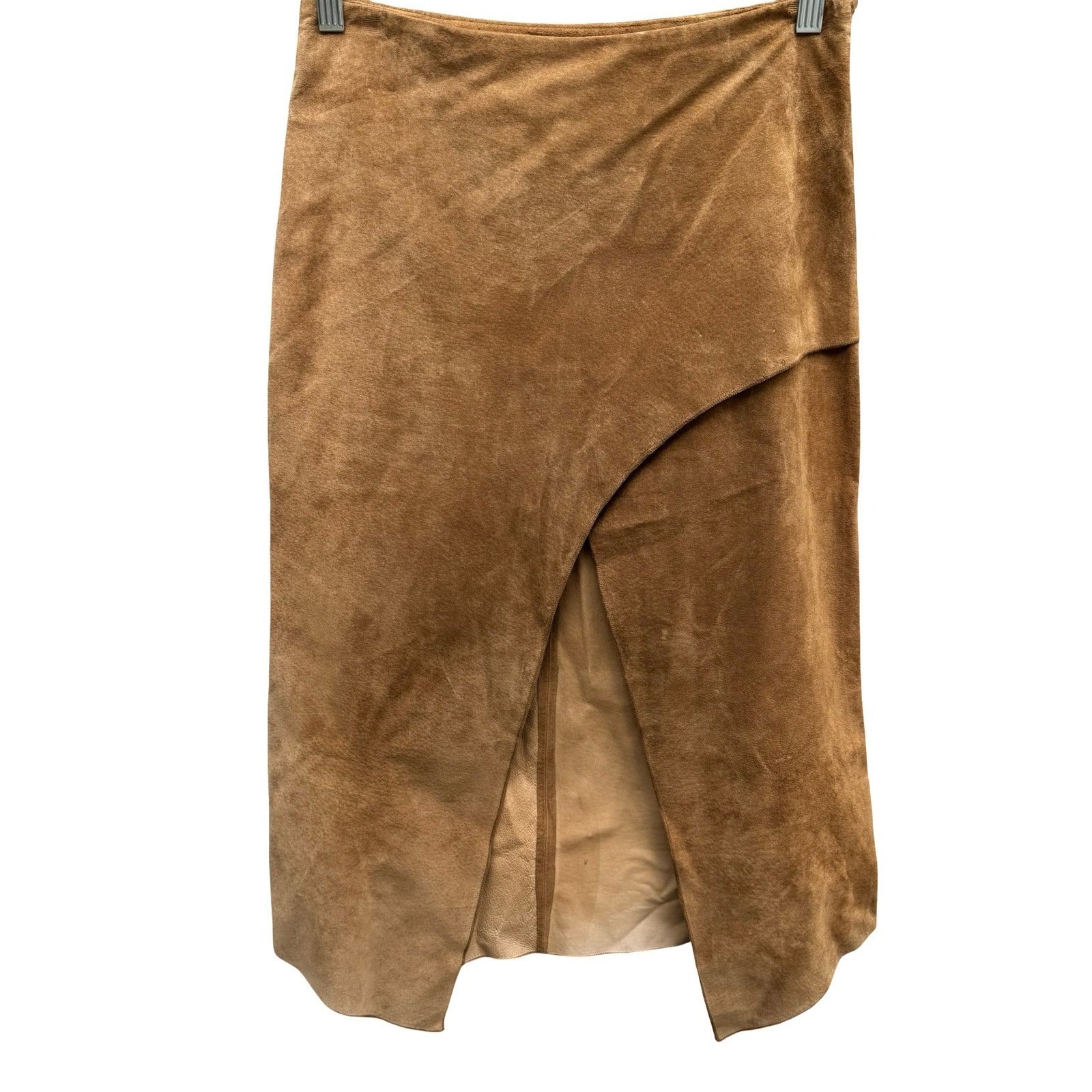 Vintage Y2K Boho Western Genuine Suede Asymmetrical Wrap Slit Midi Skirt Camel S