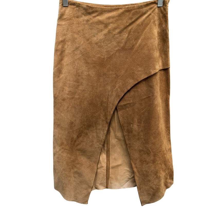 Vintage Y2K Boho Western Genuine Suede Asymmetrical Wrap Slit Midi Skirt Camel S