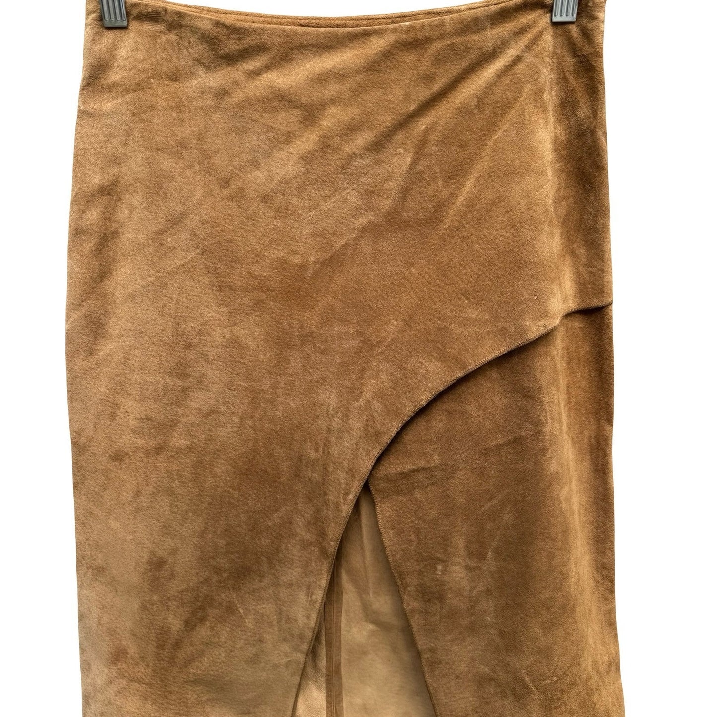 Vintage Y2K Boho Western Genuine Suede Asymmetrical Wrap Slit Midi Skirt Camel S