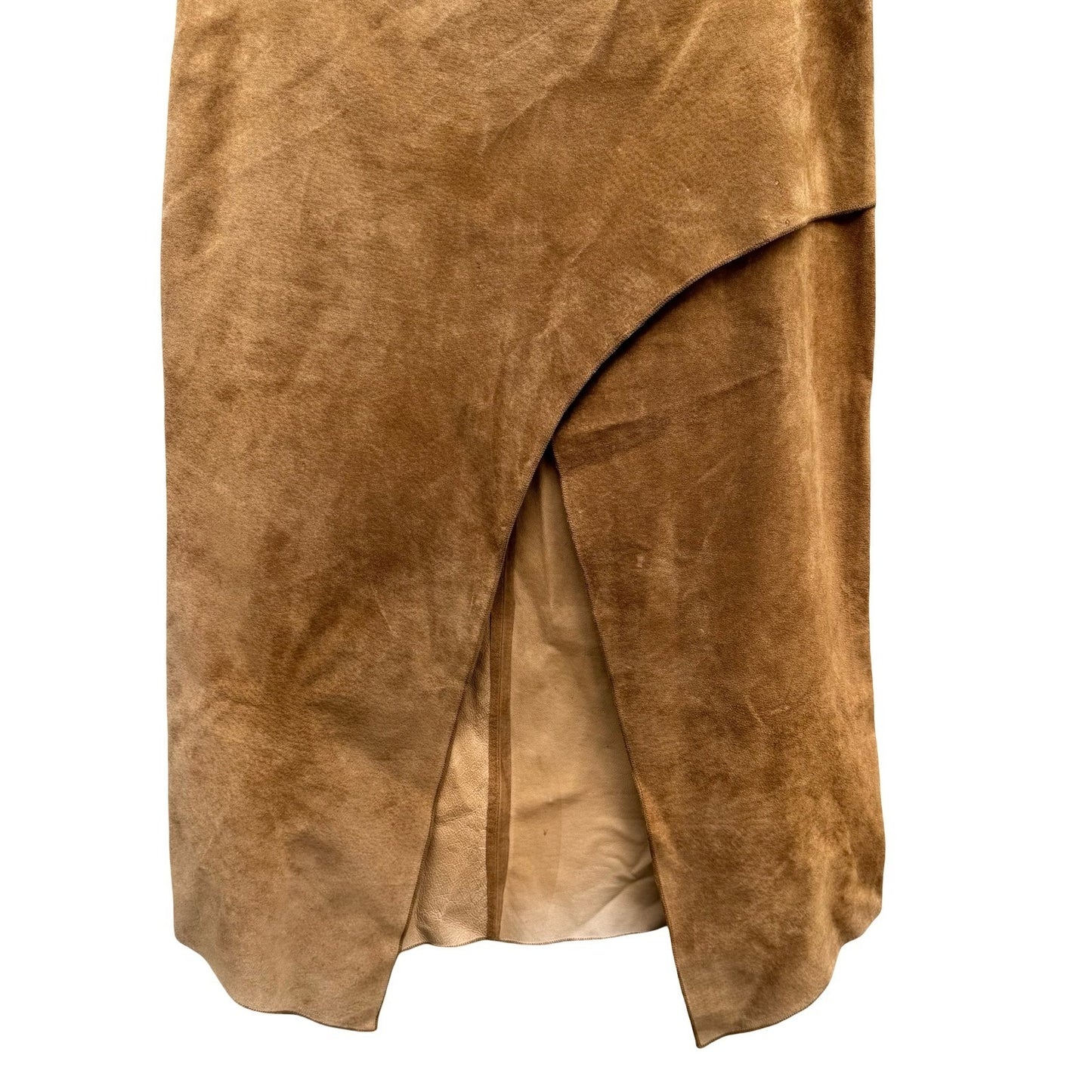 Vintage Y2K Boho Western Genuine Suede Asymmetrical Wrap Slit Midi Skirt Camel S